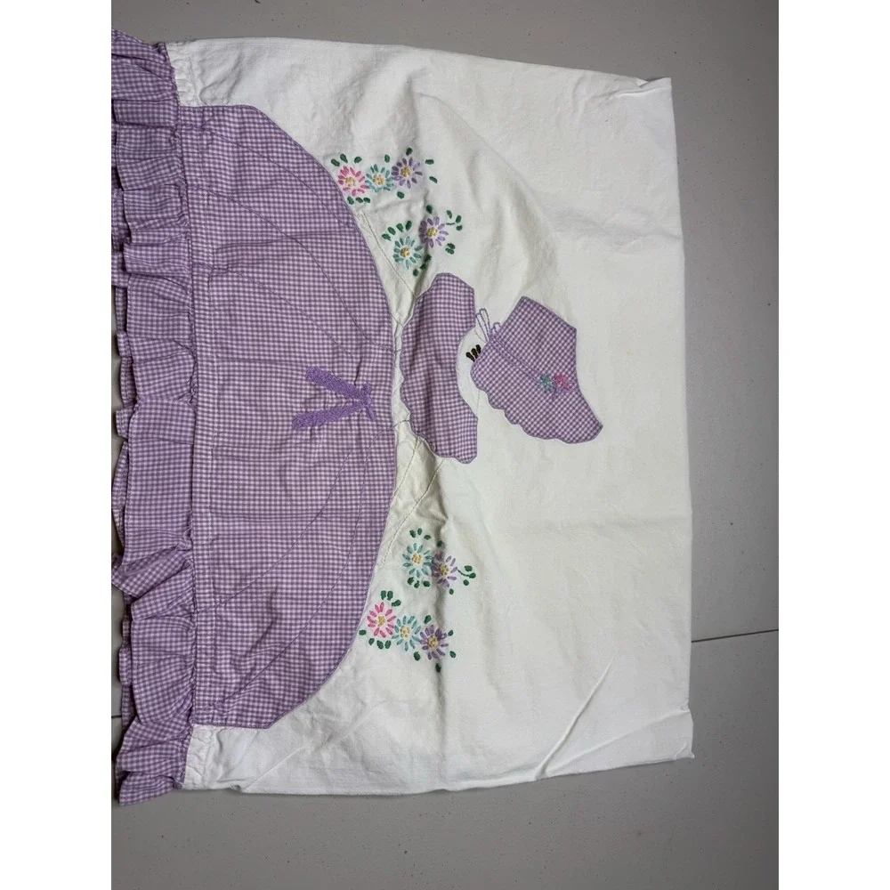 Vintage Hand Embroidered Pillowcase Purple Ruffle Trim Southern Girl (1) Flaw